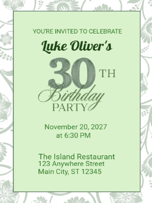 Elegant Floral Green Border 30th Birthday Invitation customizable template