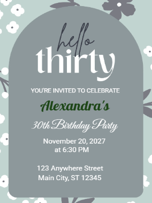 Elegant Floral Green Gray Border 30th Birthday Invitation customizable template