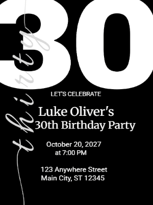 Elegant Minimalist Black White 30th Birthday Invitation customizable template