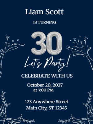 Elegant Blue White 30th Birthday Invitation customizable template