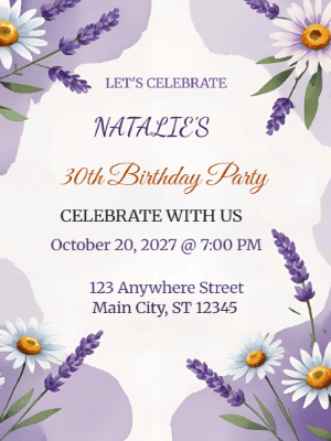 Elegant Modern Purple Floral 30th Birthday Invitation customizable template