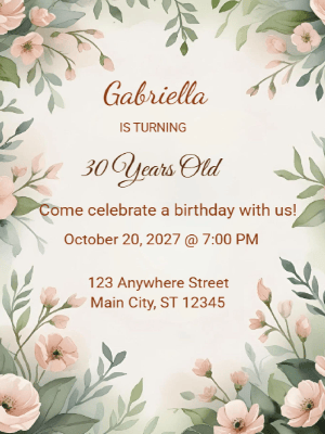 Elegant Greenery Pink Floral 30th Birthday Invitation customizable template