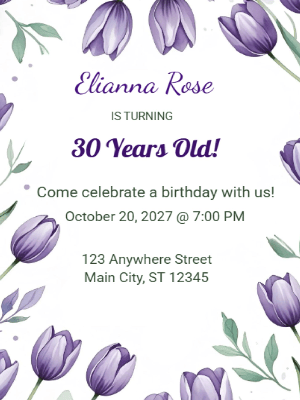 Elegant Modern Purple Floral Tulip 30th Birthday Invitation customizable template