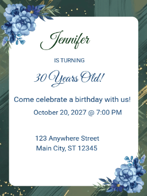 Elegant Blue Green Sides Floral 30th Birthday Invitation customizable template