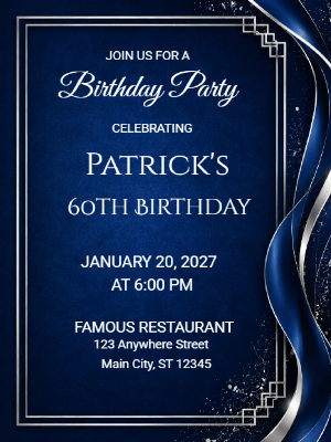 Elegant Milestone 60th Birthday Invitation Blue Silver 60th Birthday Party Invitation customizable template