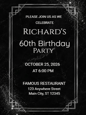 Elegant Milestone 60th Birthday Invitation Black Silver 60th Birthday Party Invitation customizable template