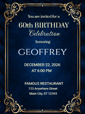 Elegant Milestone 60th Birthday Invitation Blue Gold 60th Birthday Party Invitation customizable template