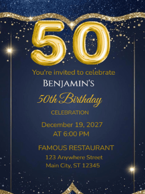 Elegant Modern Glitter Blue Gold 50th Birthday Invitation customizable template