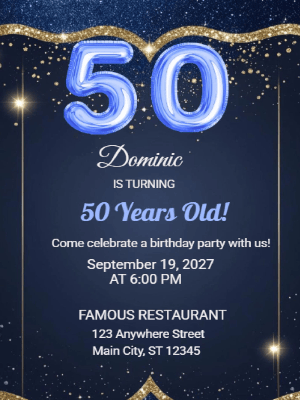 Elegant Modern Glitter Blue Gold 50th Birthday Invitation customizable template