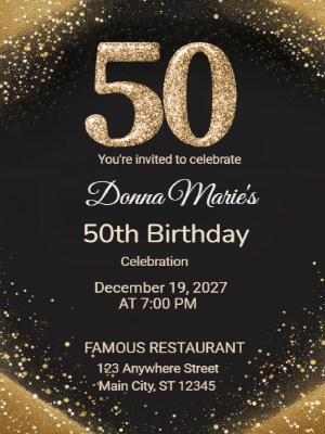 Elegant Modern Glitter Black Gold 50th Birthday Invitation customizable template