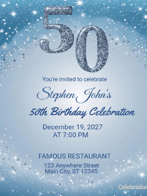 Elegant Celestial Blue Sparkle 50th Birthday Invitation customizable template