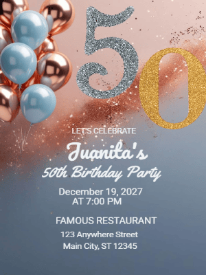Elegant Modern Glitter Balloons Blue Gold 50th Birthday Invitation customizable template
