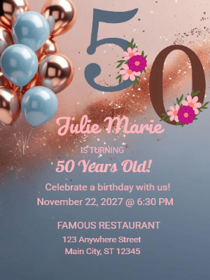 Elegant Modern Glitter Pink Blue Balloons 50th Birthday Invitation customizable template