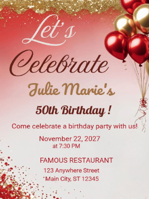 Elegant Modern Glitter Gold Pink Balloons 50th Birthday Invitation customizable template