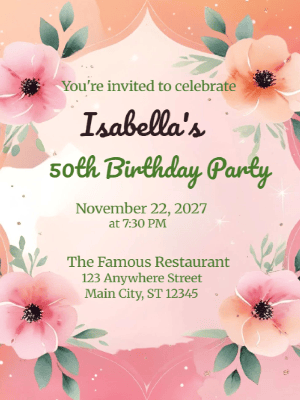 Modern Elegant Pink Floral Border 50th Birthday Invitation customizable template