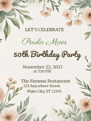 Modern Greenery Pink Floral 50th Birthday Invitation customizable template