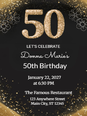 Elegant Glitter Black Gold 50th Birthday Invitation customizable template