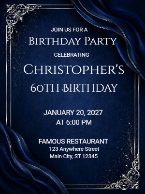 Elegant Milestone 60th Birthday Invitation Blue Silver 60th Birthday Party Invitation customizable template