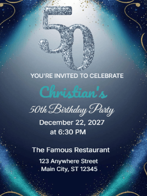 Elegant Glitter Silver Blue 50th Birthday Invitation customizable template