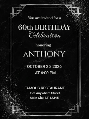 Elegant Milestone 60th Birthday Invitation Black Silver 60th Birthday Party Invitation customizable template