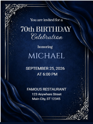 Elegant Milestone 70th Birthday Invitation Blue Silver 70th Birthday Party Invitation customizable template