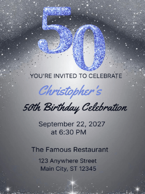 Elegant Glitter Silver Blue 50th Birthday Invitation customizable template
