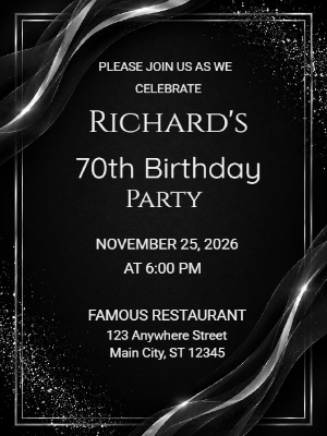 Elegant Milestone 70th Birthday Invitation Black Silver 70th Birthday Party Invitation customizable template