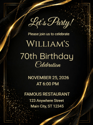 Elegant Milestone 70th Birthday Invitation Black Gold 70th Birthday Party Invitation customizable template