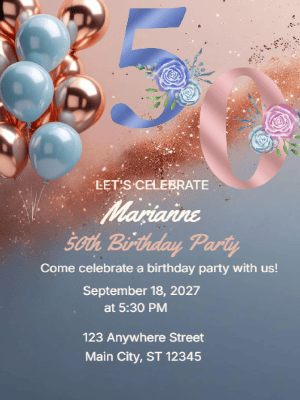 Elegant Glitter Floral Blue Pink 50th Birthday Invitation customizable template