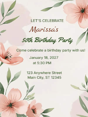 Elegant Greenery Pink Floral Border 50th Birthday Invitation customizable template