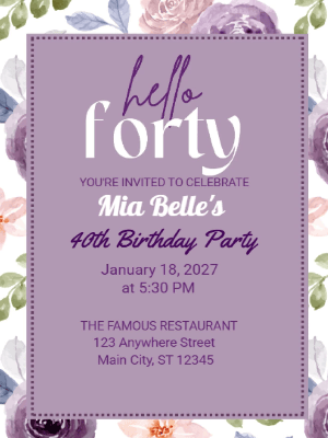 Elegant Modern Purple Floral Border 40th Birthday Invitation customizable template