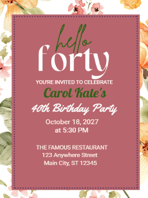 Elegant Modern Pink White Floral Border 40th Birthday Invitation customizable template