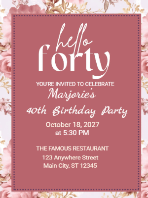 Elegant Modern Pink Floral Border 40th Birthday Invitation customizable template