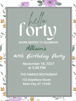 Elegant Modern Purple Floral Border 40th Birthday Invitation customizable template