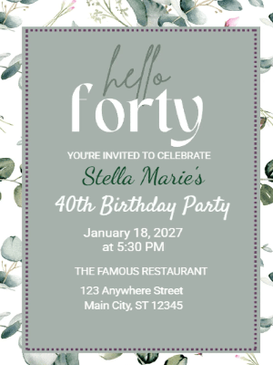 Elegant Greenery 40th Birthday Invitation customizable template