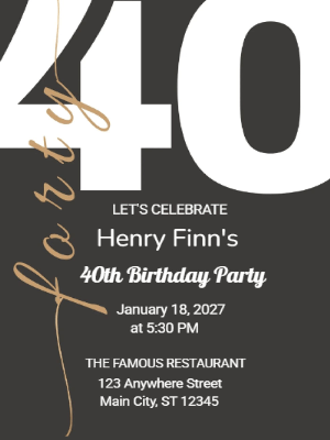 Minimalist Black and White 40th Birthday Invitation customizable template
