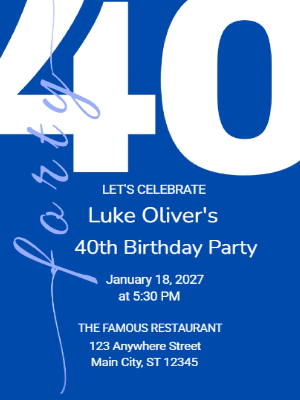 Minimalist Blue and White 40th Birthday Invitation customizable template