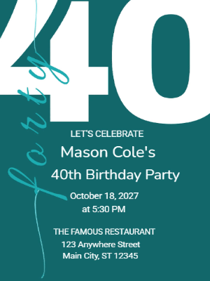 Minimalist Green and White 40th Birthday Invitation customizable template