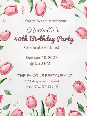 Modern Elegant Green Pink Floral Tulip  40th Birthday Invitation customizable template