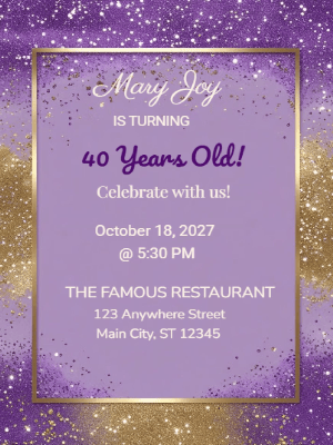 Elegant Purple Gold Glitters 40th Birthday Invitation customizable template