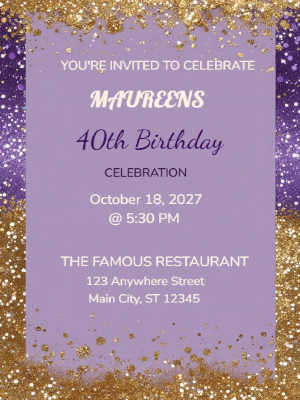 Elegant Purple Gold Glitters 40th Birthday Invitation customizable template