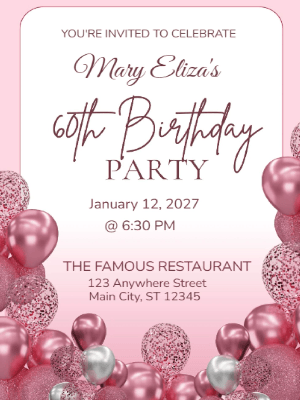Elegant Pink Balloons 60th Birthday Invitation customizable template