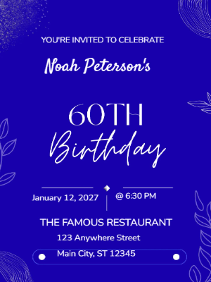 Minimalist Blue and White 60th Birthday Invitation customizable template