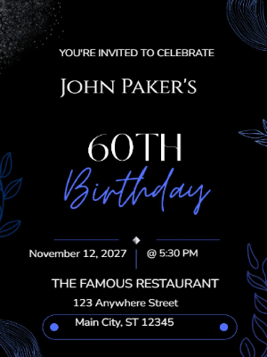 Minimalist Black and Blue 60th Birthday Invitation customizable template