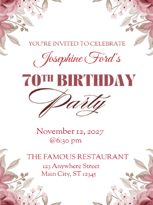 Modern Elegant Pink Floral 70th Birthday Invitation customizable template