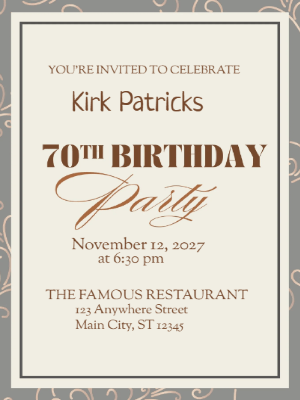 Elegant Brown Gray Decorative Border 70th Birthday Invitation customizable template