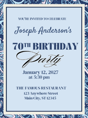 Elegant Blue Gray Decorative Border 70th Birthday Invitation customizable template