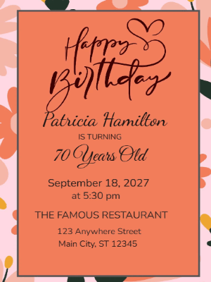 Elegant Floral Pink Orange 70th Birthday Invitation customizable template
