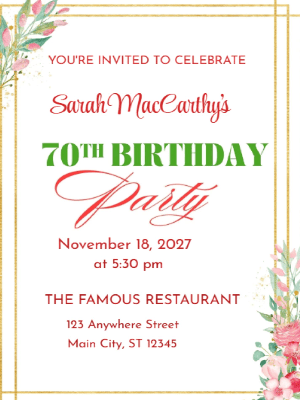 Elegant Minimalist Floral Pink 70th Birthday Invitation customizable template