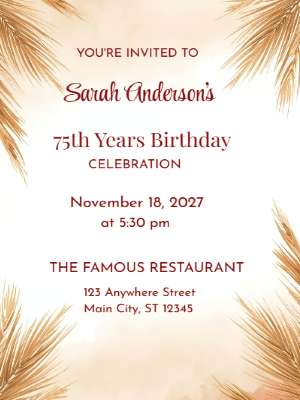 Rustic Minimalist Brown, 75th Birthday Invitation customizable template
